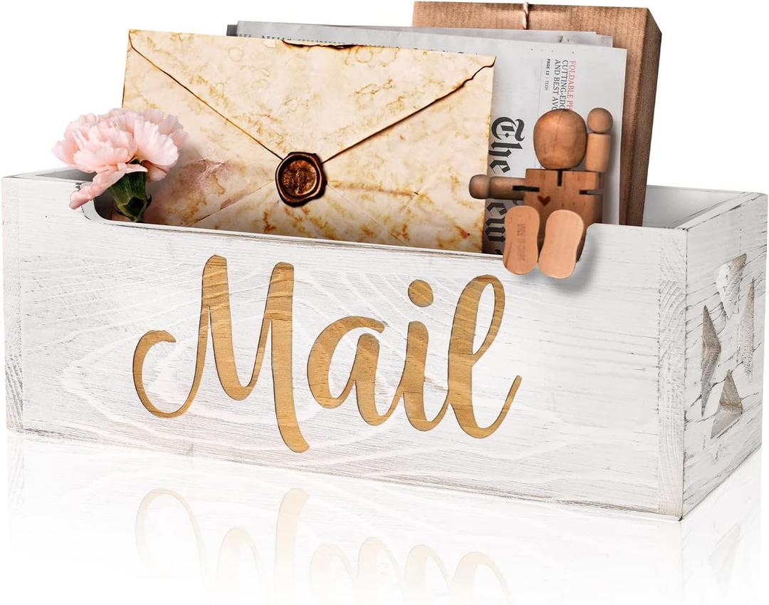 Mail Holder Countertop - Mail Organizer Countertop, Mail Holder Box for Desk, Letter Holder, Mail Tray, Mail Basket for Counter, Rustic Wooden Mail Storage Organizer Wall Mounted (White)