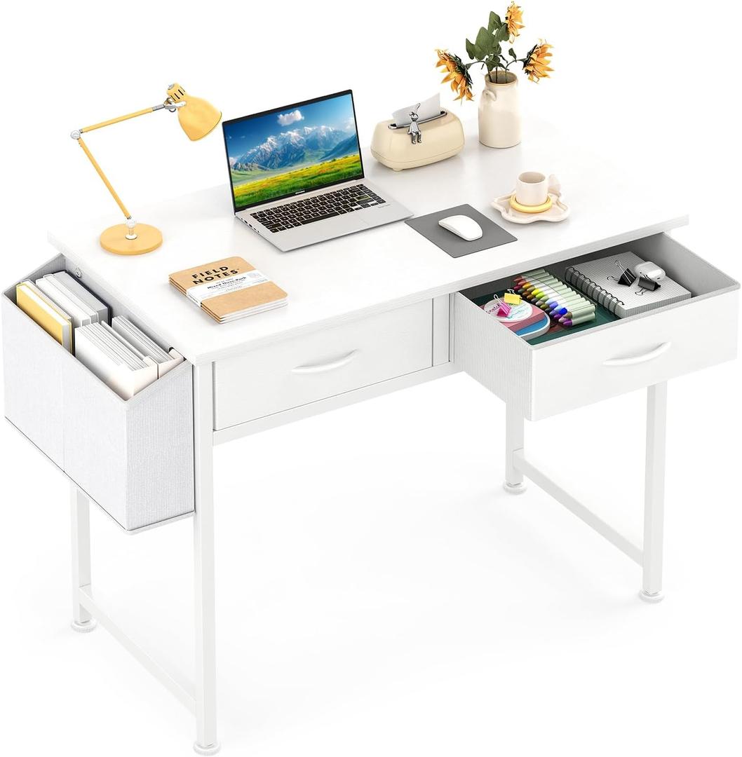 CAIYUN Small White Desk with Fabric Drawers for Bedroom, 31 Inch Home Office Desk with Side Pocket and Hook for Small Space, Makeup Vanity Desks Kid’s Desks to Writing Made of Wood and Metal, White