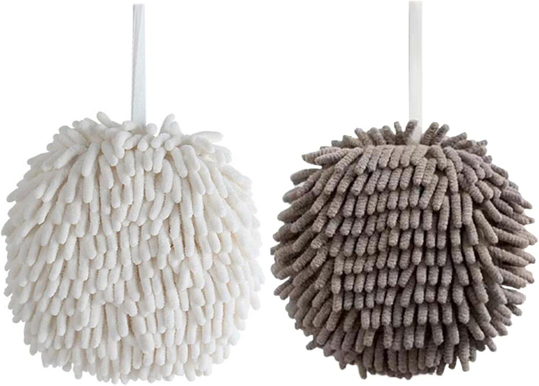 Chenille Hand Towels, 2 Pack Hanging Soft Absorbent Microfiber Hand Towels, Super Fluffy Chenille Ball Towels with Hanging Loops for Bathroom Kitchen (White&Grey)