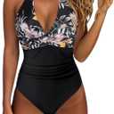SUUKSESS Women Sexy Tummy Control One Piece Swimsuits Halter Push Up Bathing Suits (#1 Retro Floral Black, XL)