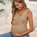 Tankaneo Womens Maternity Tank Tops Sleeveless V Neck Ribbed Knit Shirts | Summer Casual, Curved Hem Pregnancy Clothes, Fitted (Beige, L)