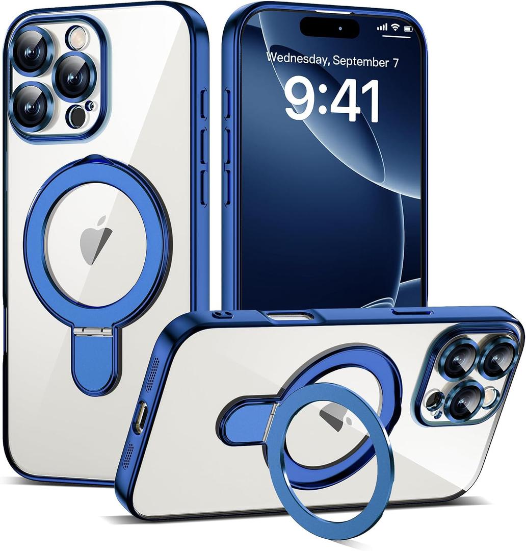 Compatible with iPhone 16 Pro Max Case with Magnetic Ring Stand [Compatible with Mag-Safe] [Full Camera Lens Protector] Plating Clear Phone Case for iPhone 16 Pro Max 6.9", Blue