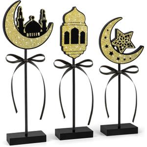 3 Pieces Ramadan Decorations Eid Mubarak Table Decor Wooden Set, Islamic Ramadan Tiered Tray Decor for Muslim Party Tabletop Decor Home (Shiny)
