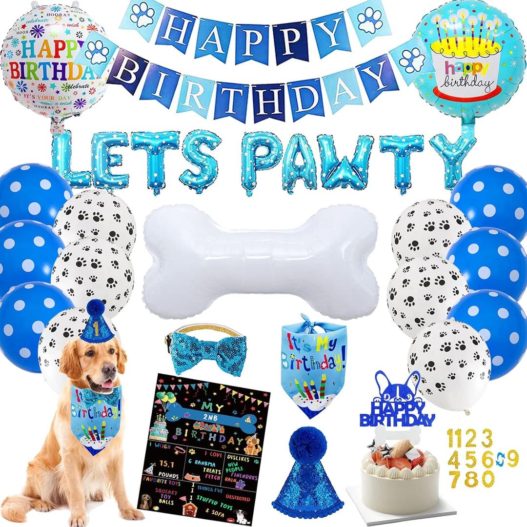 Dog Birthday Party Supplies Dog Birthday Party Decorations Boy with Dogs Party Hat Lets Pawty Balloons Banner Dogs Bandana Bowtie Cake Topper for Lets Pawty Birthday Decoration