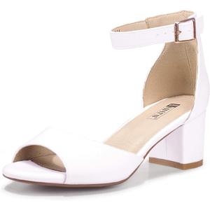 IDIFU Women's Candie Low Block Heels Sandals Peep Toe Chunky Ankle Strap Wedding Dress Shoes (White), 