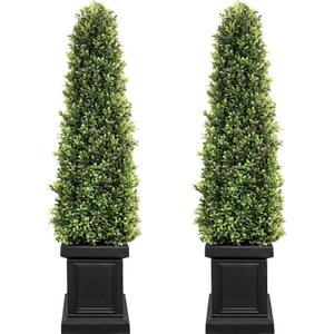 3.5ft Boxwood Outdoor Topiary Set of 2, Tall All Year Green Fake Plant Topiary Trees Artificial Outdoor Porch Trees with Sturdy Pot for Outdoor Indoor (Square)