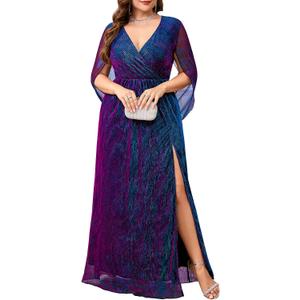 Plus Size Formal Maxi Dress Sparkly Cape Sleeve V Neck Side Split Wedding Guest Prom Evening Gown Gala (XXXL)