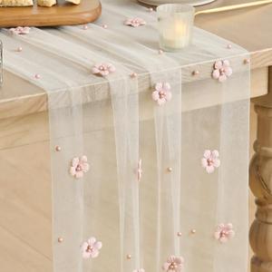 Artoid Mode Pink Flower Pearl White Gauze Table Runner 10FT, Seasonal Sheer Dining Holiday Wedding Birthday Baby Shower Table Decor for Home Party (28" x 120")