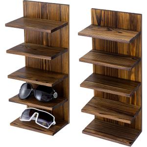 MyGift 5-Tier Rustic Burnt Solid Wood Sunglasses Holder Rack, Wall-Mount or Tabletop Eyewear Display Stand, Retail and Home Glasses Organizer, Set of 2 (Dark Brown)