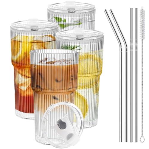 RÉΑLWÁY Iced Coffee Cups with Lids and Straws, 20 OZ Glass Tumbler with Straw and Lid, Clear Ribbed Glass Cups Reusable to Go Coffee Tumbler for Matcha, Smoothie, Cocktail,Latte, 4 Pcs