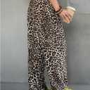 RoseSeek Girl's Leopard Pants Patched Straight Leg Linen Baggy Pants Elastic Waist Casual Beach Summer Pants (Brown)