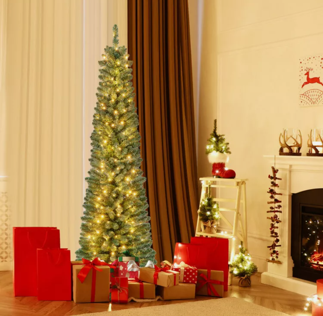 Pencil Christmas Tree with Memory Wire Branch Tips and Warm LED Lights 8Ft