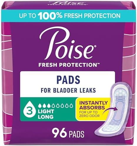Poise Incontinence Pads & Postpartum Incontinence Pads, 3 Drop Light Absorbency, Long Length, 96 Count (4 Packs of 24), Packaging May Vary