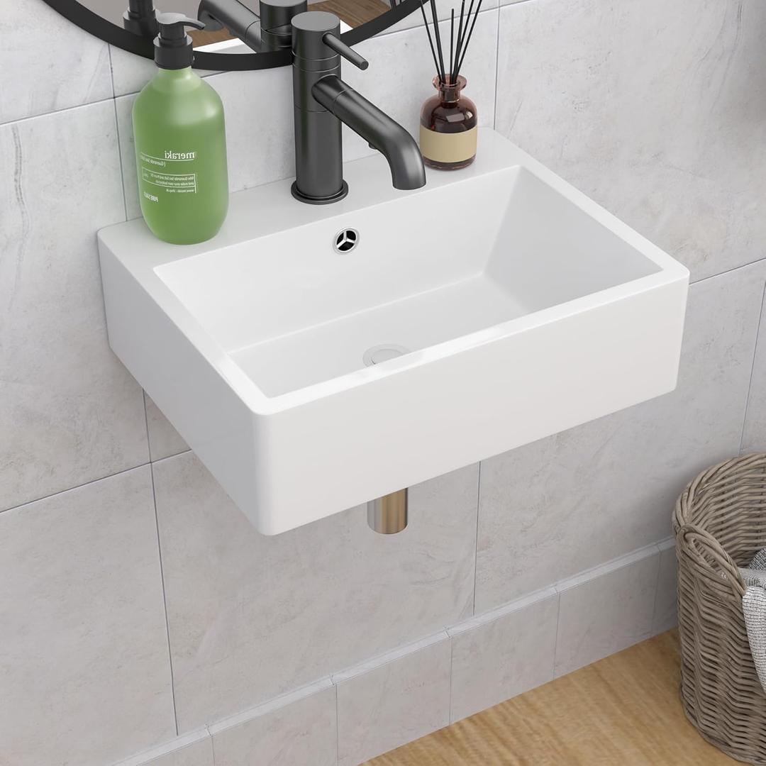 Wall Mount Bathroom Sink - Lepuday 21x16 Inch Floating Vessel Sink Rectangle Bathroom Sink Above Counter White Ceramic Basin