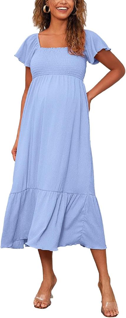 Maternity Dress Flutter Short Sleeve Square Neck Smocked Summer Maternity Maxi Dress for Photoshoot Baby Shower (Small, Blue)