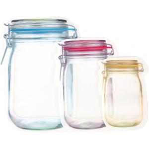 60Pcs 3 Color Mixed Food Saver Storage Bags Mason Jar Pattern Reusable Portable Stand Up Zipper Bags Snack Container Leakproof Package Bag Pouche for Travel Camping (20 yellow 20 Red 20 Blue)
