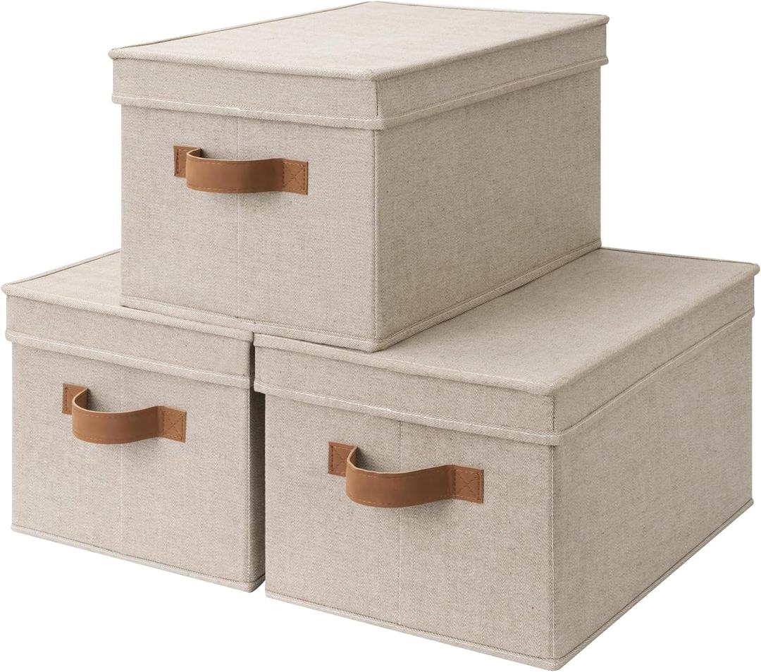 StorageWorks Large Storage Bins with Lids, Decorative Storage Boxes with Lid and PU Handles, Foldable Storage Baskets for Closet, Shelves, Stackable, Brown and Beige, 3-Pack
