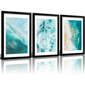 RUURUU Solid Wood Framed Ocean Wall Art Set of 3 Coastal Beach Canvas Prints with Sea Wave Surfing Poster Pictures Modern Nautical Painting Decor for Living Room Bathroom Home Office 16x24inches