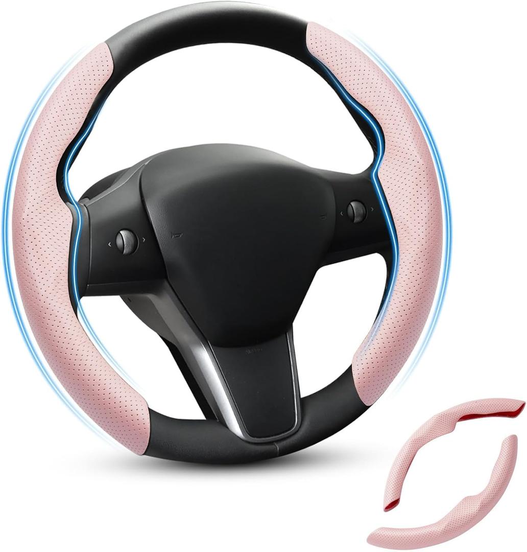 Shademax Custom-Fit for Tesla Steering Wheel Cover, Tesla Model Y / 3 2017-2025 (Fit Model Y Juniper 2026/ Model 3 Highland) Carbon Fiber Steering Wheel Cover for Tesla Model Y / 3 Accessories (Pink)