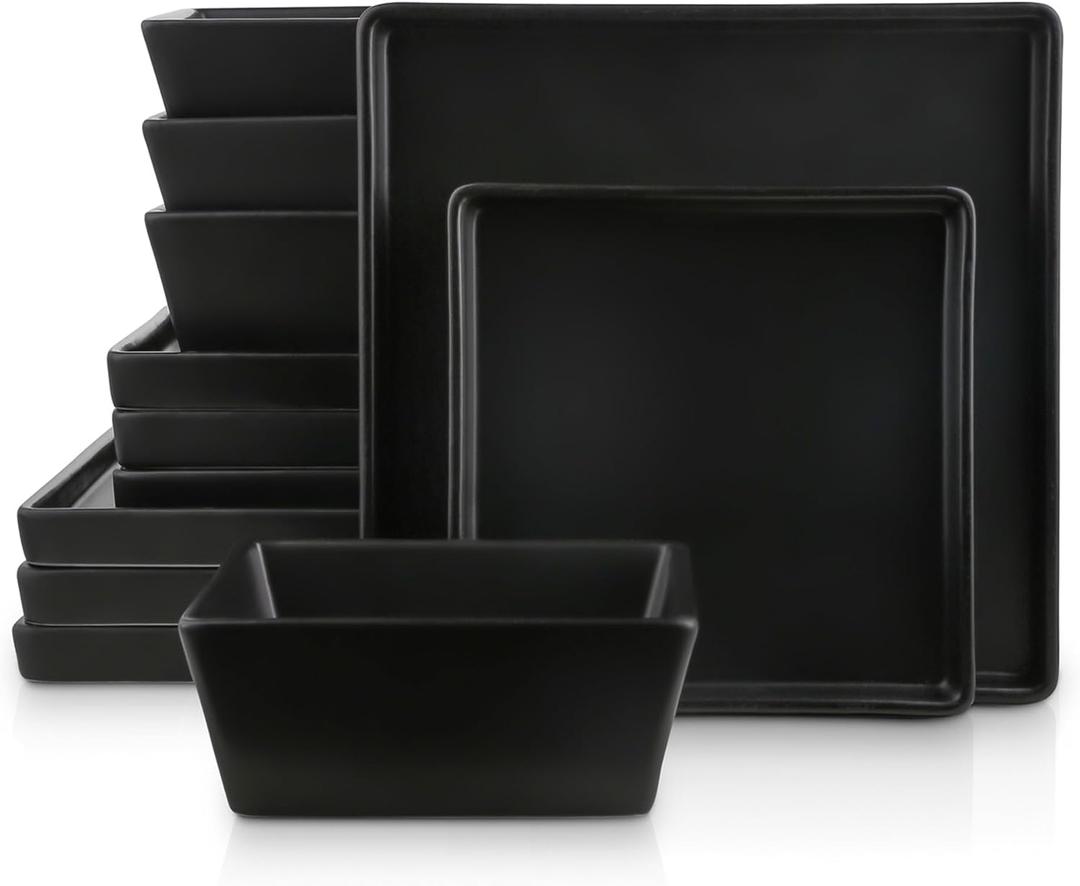 Square Stoneware Dinnerware Set, 12 Piece Service For 4, Plates and Bowls Dish Set, Black