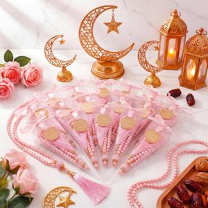 Ferreve 24 Sets Islamic Prayer Beads Bulk Ramadan Eid Gifts Muslim Party Favors Eid Mubarak Pearl Prayer Beads for Ramadan Islamic Festival Party Favor Wedding Bridal Shower Gifts(Pink)
