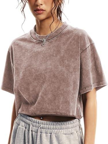 Talakeno Womens Oversized Vintage T Shirts Casual Cropped Tees Short Sleeve Cotton Acid Wash Tops Summer Grunge Shirts S