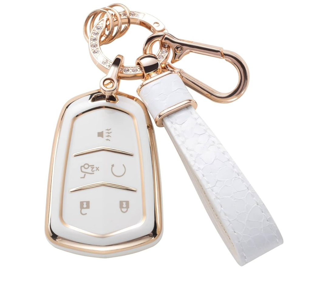 Key Fob Cover for Cadillac Escalade XT5 CT6 CTS SRX ATS 5-Buttons Soft TPU Full Covers Protector Car Keys Case Shell Keychain, White