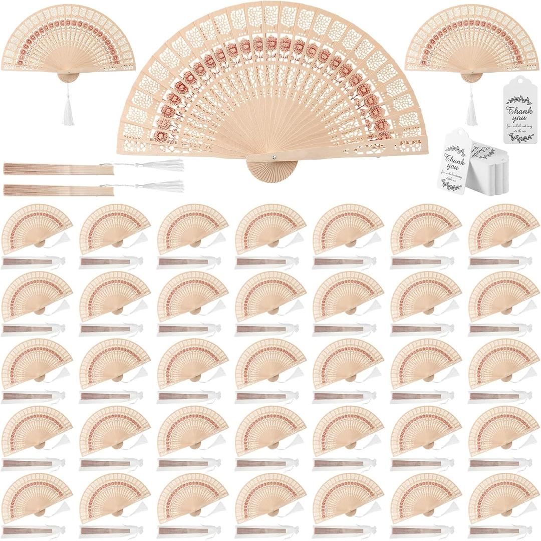 Geelin 150 Sets Sandalwood Fans with Tassels, Organza Sleeve and Thank You Gift Tag Eastern Style Handheld Fan Foldable Decorative Folding Fans Japanese Chinese Fan Wedding Fans for Party Decor DIY