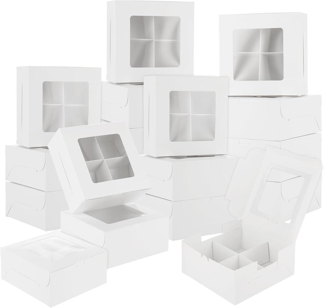 QTLCOHD 50 Pcs Bakery Boxes with Window 6 x 6 x 3 Inch Muffin Boxes 4 Count White Cookie Box Cupcake Containers for Cookies Pastries Cake Dessert Treat