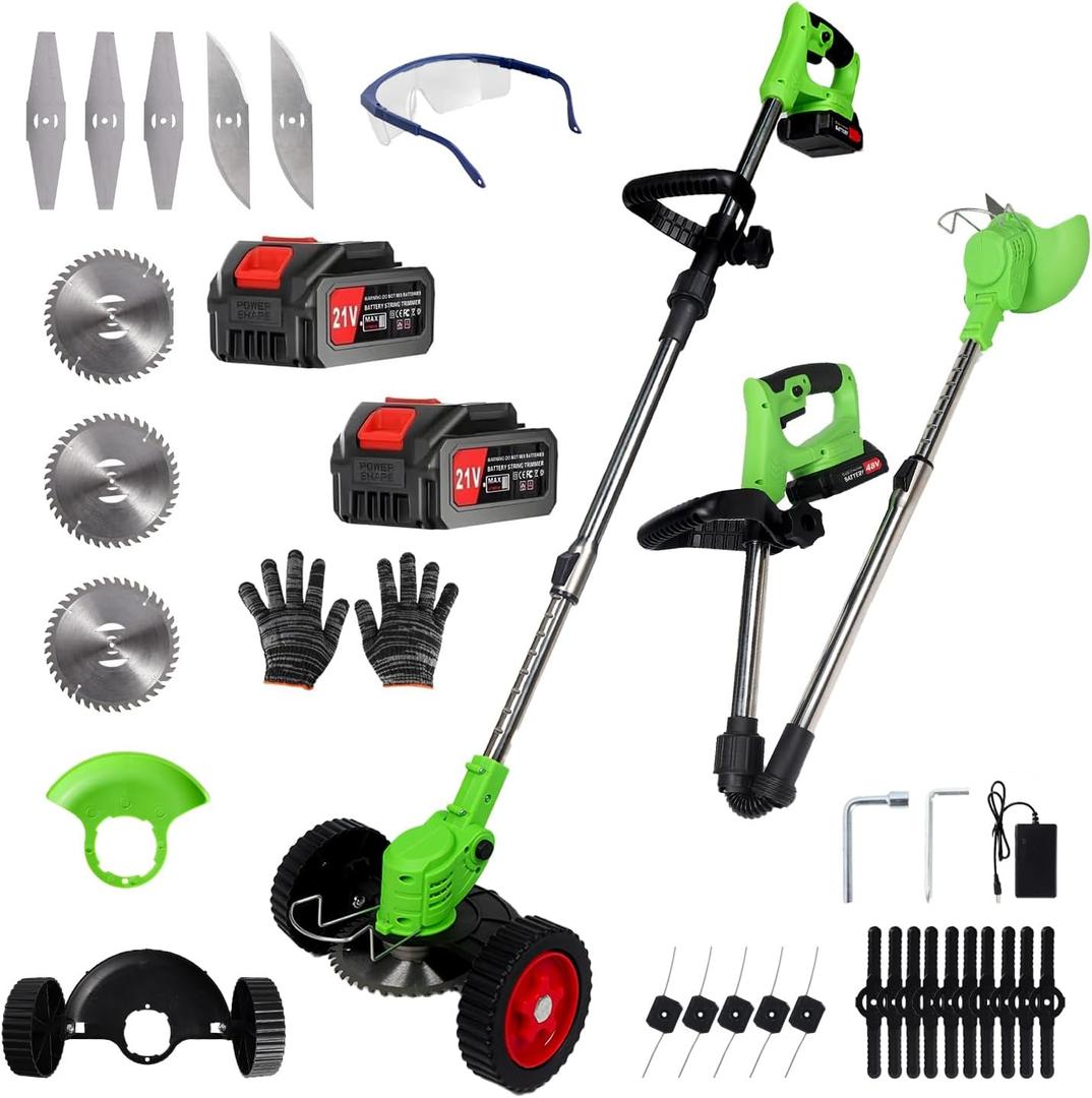Electric Weed Wacker Cordless Eater 2 Battery, Foldable and Lightweight Grass Trimmer/Brush Cutter,5 Types Blade & Wheels 21V 4.0Ah Battery (2 Pieces) Powered for Garden and Yard (Foldable)