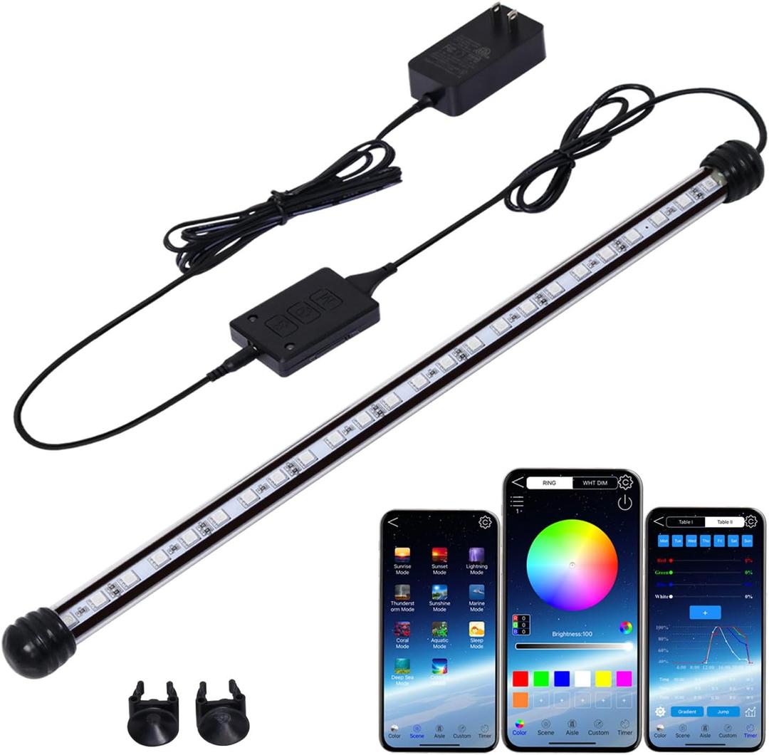 Smart Submersible Aquarium Light with App Timer, 19 Inches LED Fish Tank Light, RGB 16 Million Colors Changing, 7/24 On/Off Automatic, Aquarium Lighting