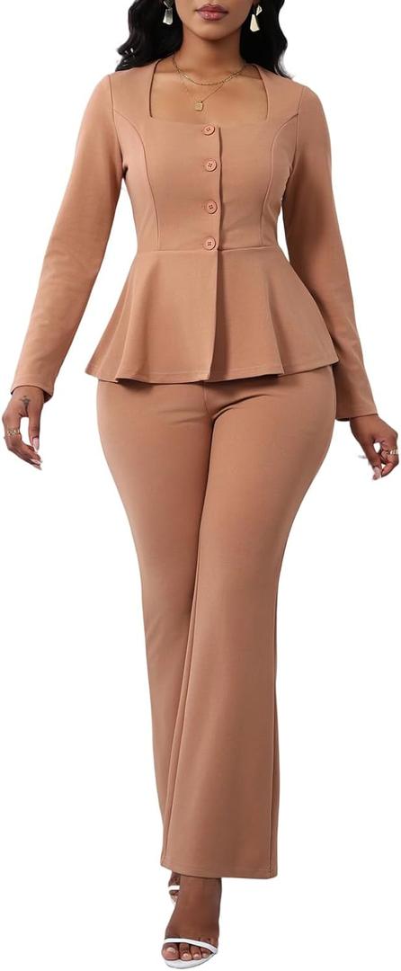 Ekaliy Women's 2 Piece Pants Suit Long Sleeve Blazer Flare Pant Set Casual Office Work Outfits (Khaki) Medium