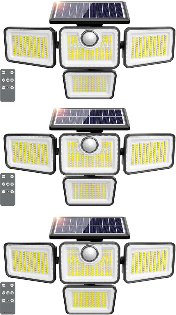3000LM Solar Lights Outdoor, 4 Adjustable Heads Motion Sensor Lights, 3 Mode, IP65 Waterproof Solar Security Wall Lights, Remote Control Flood Lights, Graden, Outside, Backyard, 3 Pack
