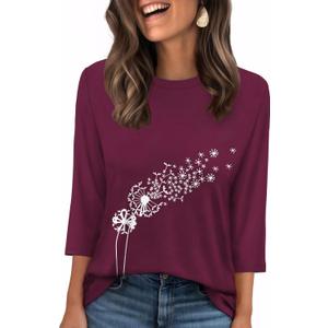 WIHOLL Womens 3/4 Length Sleeve Tops Crewneck Graphic Tees Casual Tunic Tops to Wear with Leggings Fashion Clothing Outfits (Purple, M)