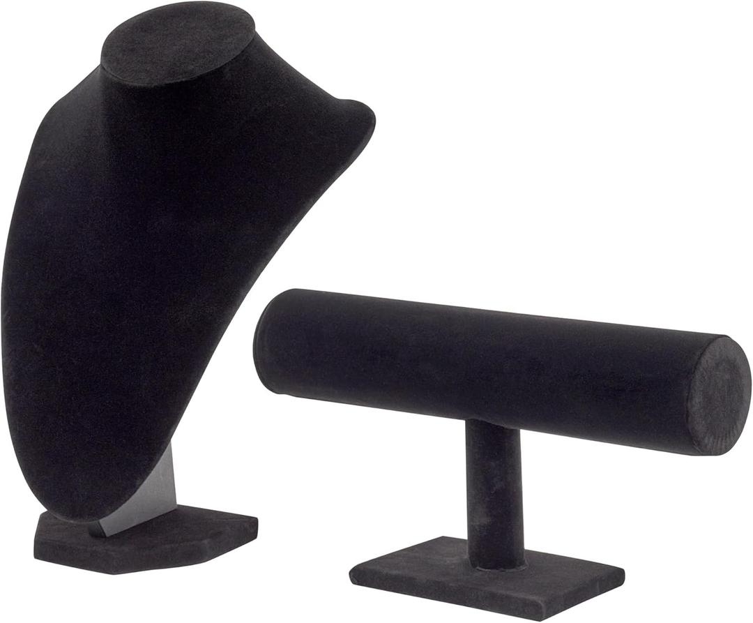 Juvale 2-Piece Black Velvet Jewelry Display Set, T-Bar Stand and Mannequin Bust for Necklaces, Bracelets, Bangles, Chains, Anklets, Earring Holder for Retail Shops, Boutiques