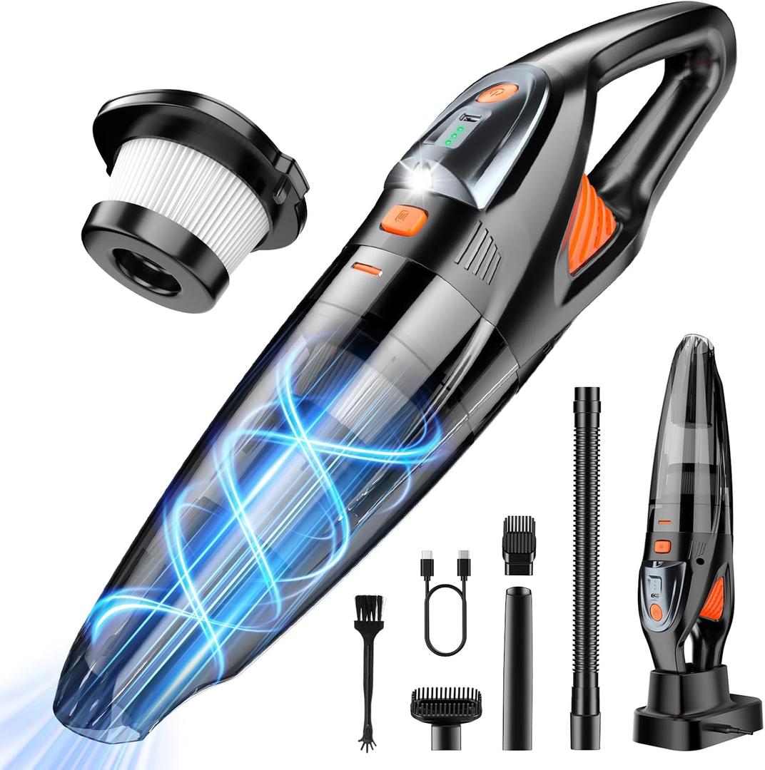Handheld Vacuum Cordless 25000PA Powerful Suction, Portable Car Vacuum, 3 in 1 Hand Held Vacuum Rechargeable 8000mAh with LED Light, HEPA Filter, Home, Car Seats, Office, Pet Hair, Dust Buster (Orange+Black)