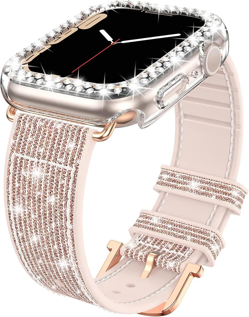 Goton Bling Silicone Band Case Compatible for Apple Watch 38mm with Edge Protector Cover[No Glass], Strap Color Changes with Angle for iWatch Series 3/2/1 (Pink/Gold)