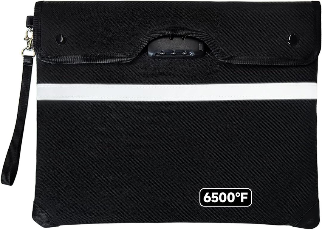 Upgraded 6500F Fireproof Document Bag with Lock | Waterproof 9-Layer Heat Insulated Material | Dual-Liner Card Slot Money Bag with Zipper/Reflective Strip for Passport Important Paper Cash(15 x 12In) (Black)