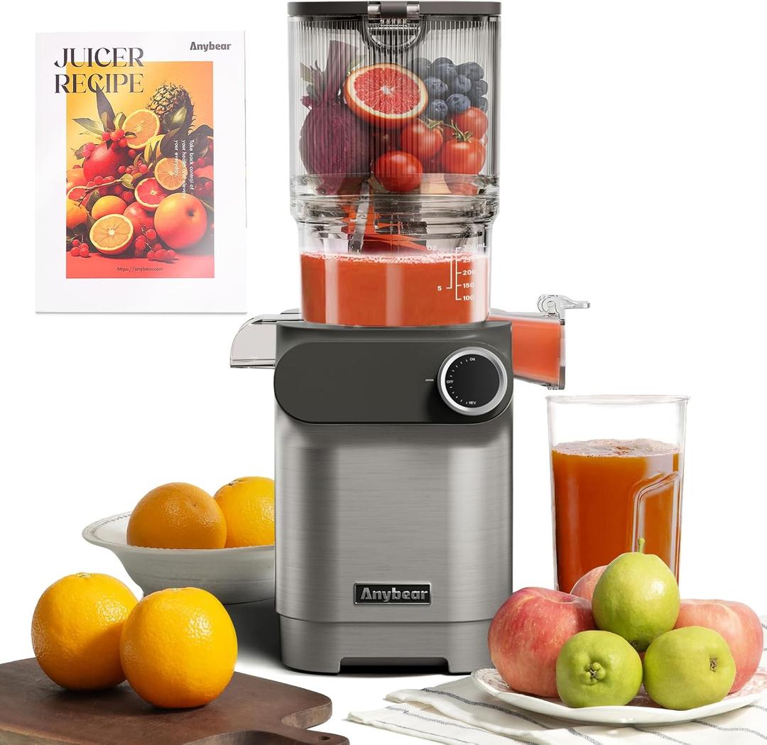 Anybear Cold Press Juicer, 200W Masticating Slow Juicer 4.3" Large Feed Chute Fit Whole Fruits Vegetables | Upgraded Auger | Tritan Material | BPA Free | Juice Recipes (Silver)
