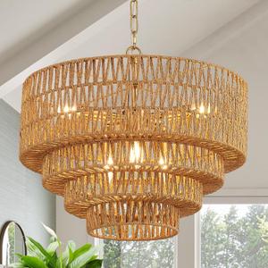 19.7" Boho Rattan Chandelier Vintage 6-Light Farmhouse Hand-Woven Bamboo Chandelier Light Fixture Rustic Drum Wicker Golden Chandeliers for Dining Room, Kitchen Island, Bedroom, E12