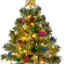 Joiedomi 24"/2FT Tabletop Mini Christmas Tree Pre lit with Warm Lights, Holly Berries, Pine Cones and Ornaments for Indoor Artificial Mini Xmas Tree Holiday Season Decorations (Gold)