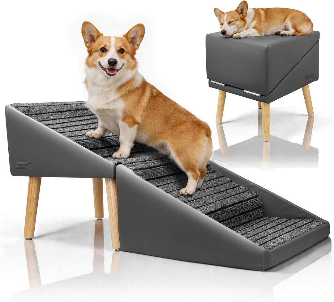 Dog Stairs for Small Dogs,17" H 4Step NonSlip Dog Ramp for Couch Low Bed | 2in1 Foldable Wooden Pet Stairs & Steps with Split Ottoman Design,for Puppy Medium Senior Injured Pets,Holds 250LBS