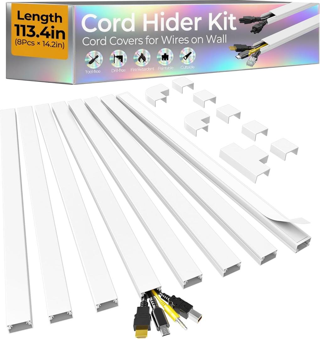 113.4in Cord Hider Kit, Cord Covers for 2-4 Wires on Wall, Self-Adhesive Cable Hider Wire Covers for Cords on Wall, Paintable Cord Hider for Walls Mount Tv, Cable Cover Raceway, W0.95 H0.55in, White
