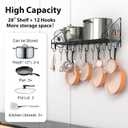 VyGrow 28 Inch Pot Rack Wall Mounted, Pots and Pans Organizer with 12 Hooks and 2 Pot Lid Holders, Heavy Duty Steel Pot and Pan Hanger for Kitchen Cookware Utensils Storage 34.7" Lx13 Wx12.6 H