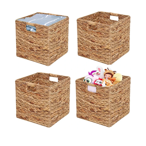 Storage Baskets 11x11inch Cube Baskets 4 pcs Baskets,Foldable Handwoven Water Hyacinth Laundry Organizer,Cube Storage Baskets