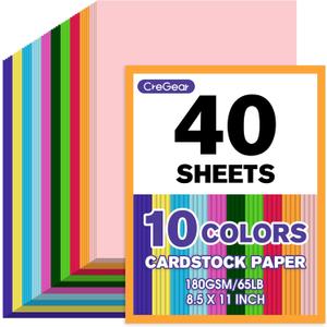 CreGear 40 Sheets Colored Cardstock Printer Paper 8.5 x 11, 10 Assorted Colors Card Stock, 180gsm/65lb Multicolor A4 Colorful Construction Paper for Crafting, Christmas DIY Card Making, Scrapbooking