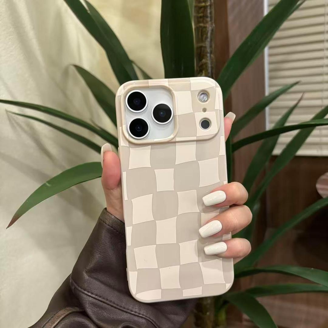 for iPhone 17 Case 6.3 Inch, Trendy Checkered Aesthetic Cute Girly Design for Women & Girls, Checkerboard Pattern Phone Case, Slim Fit Silicone Protective Cover, Beige and White