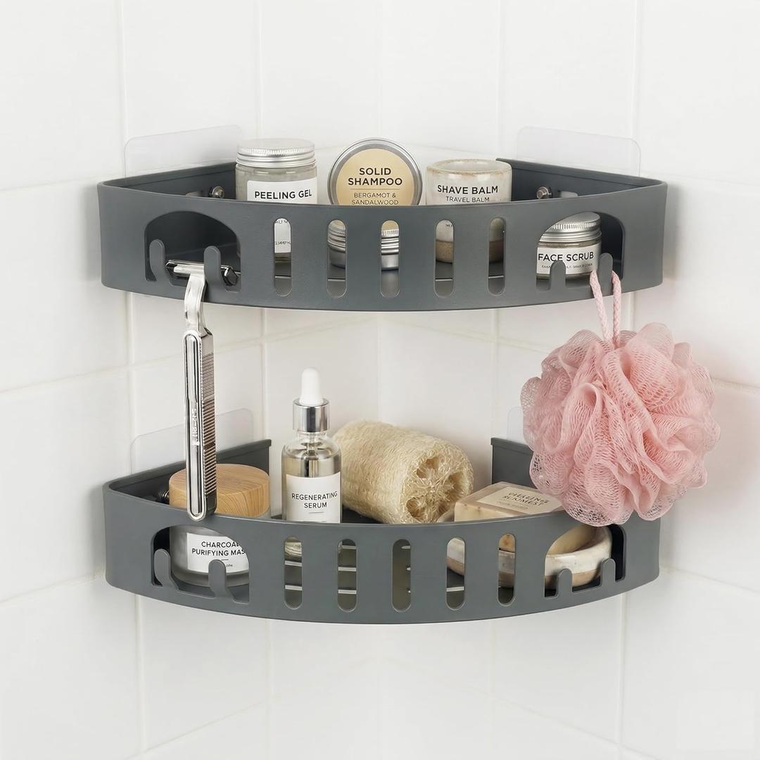 Adhesive Corner Shower Shelf No Drill | Rust-Proof Aluminum Alloy Stick On Bathroom Organizer with Shaving Holder for Shampoo, Conditioner, Soap, Razors Grey 2 Pack
