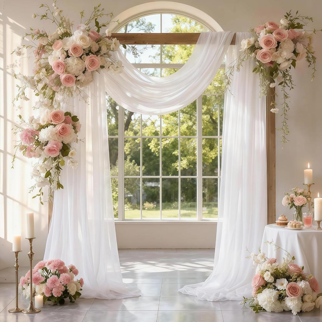 Wedding Arch Draping Fabric 28" x19FT, Sheer Chiffon Fabric Backdrop,1 Panel White Drapes for Wedding Ceremony Decor, Decorative Arch Drapery for Birthday Party Ceiling Curtain Backdrop