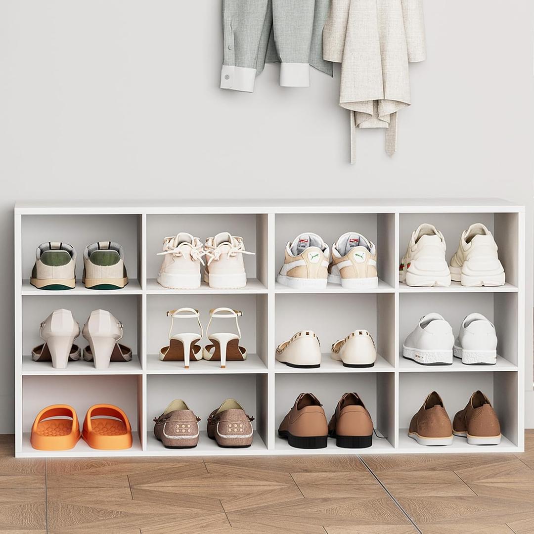 Aenuert 12-Cubby Shoe Rack, 3-Tier Wood Shoe Organizer, Multifunctional Shoe Organizer Bench for Entryway, Mudroom, Hallway, Closet,36.22 * 11.81 * 17.72 Inch,White